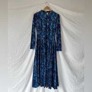Free People Women's Heartland Velvet Floral Print MIDI Dress Blue Size L